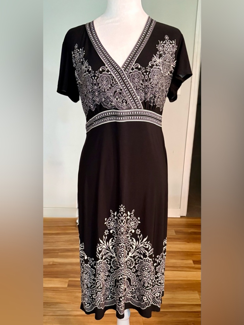 Motherhood Maternity Midi Dress, Empire Tie Waist, Black & White, Size L